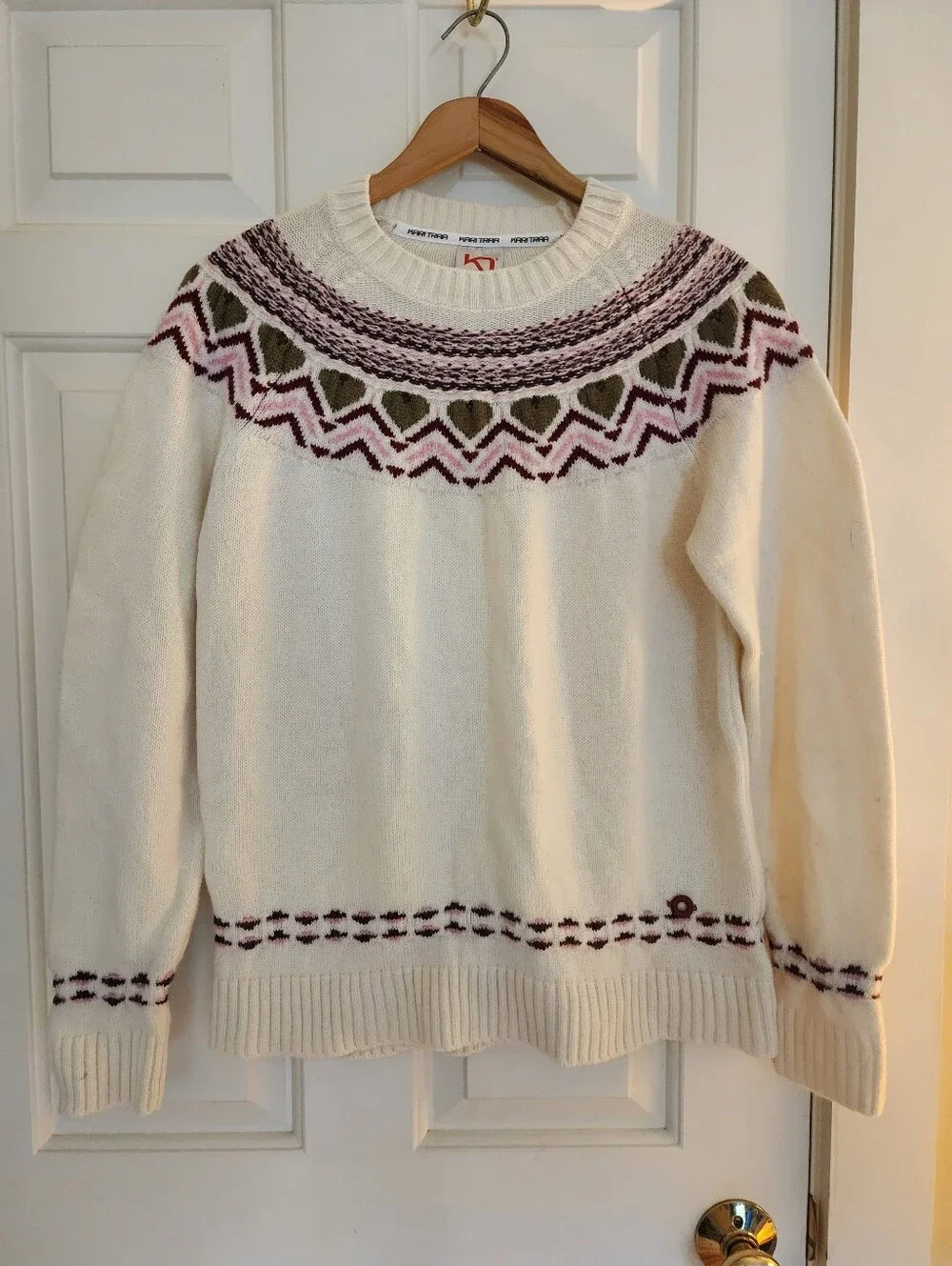 Kari Traa Sundve Fair Isle Wool Sweater Large Cream Pink&green  Apres Ski Winter
